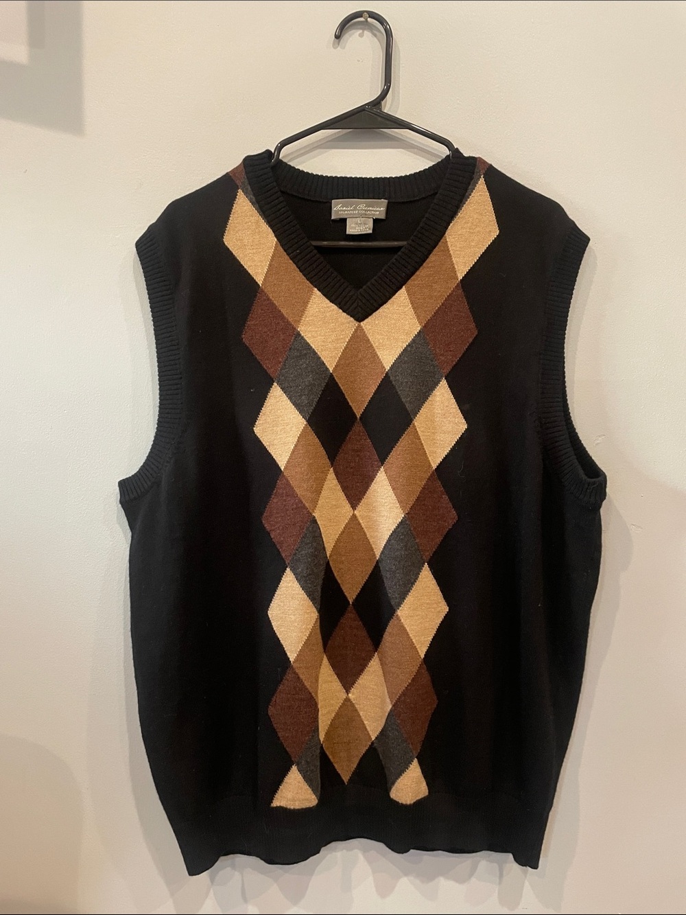 Daniel Cremieux Black V-Neck Sweater Vest with Brown & Tan Argyle